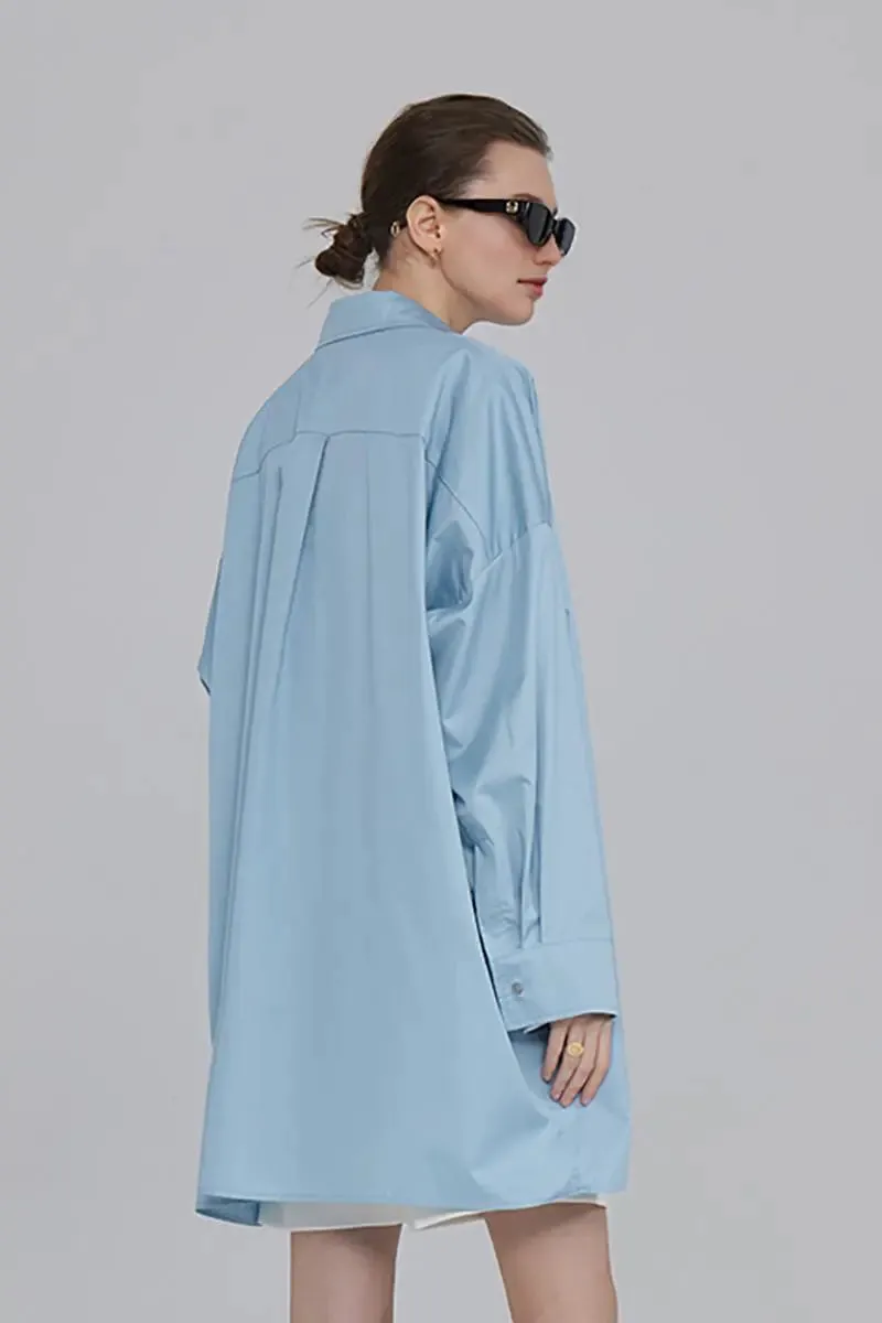 100 Cotton Oversized Button Down Drop Shoulder Shirt with Curved Hemline