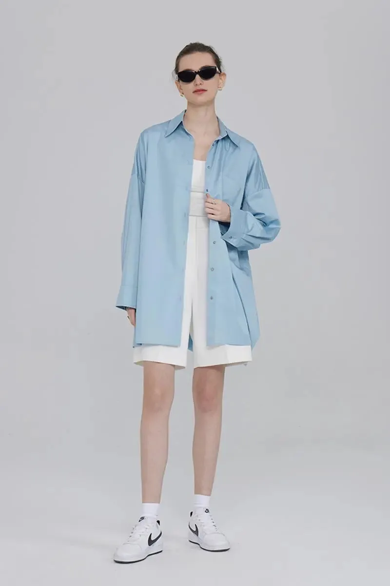 100 Cotton Oversized Button Down Drop Shoulder Shirt with Curved Hemline