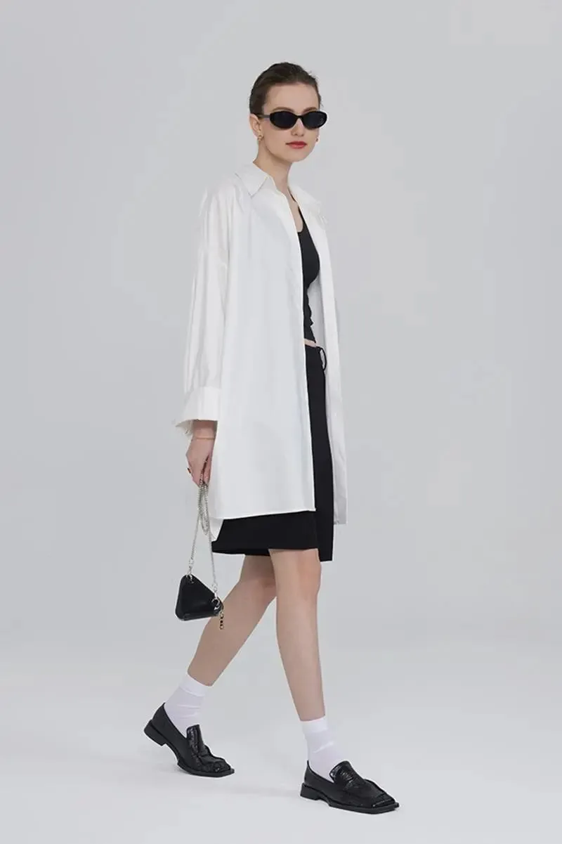 100 Cotton Oversized Button Down Drop Shoulder Shirt with Curved Hemline