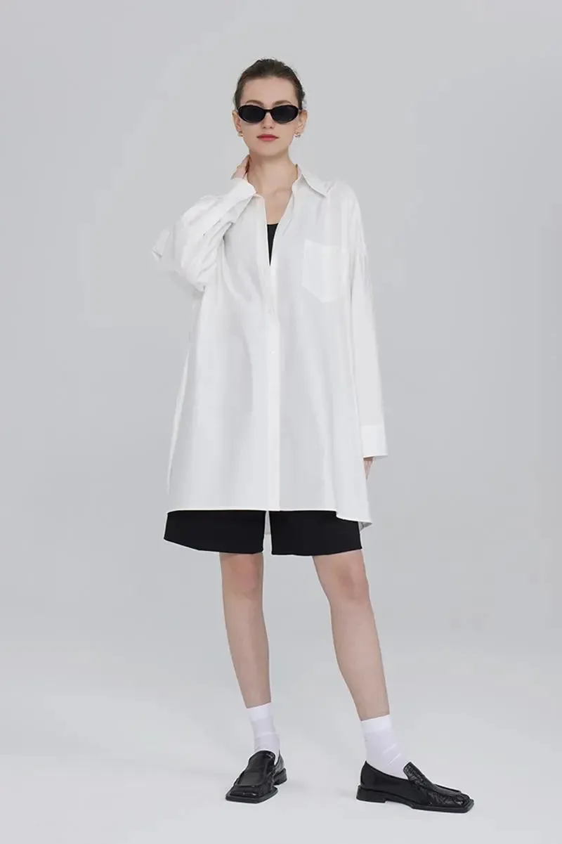 100 Cotton Oversized Button Down Drop Shoulder Shirt with Curved Hemline