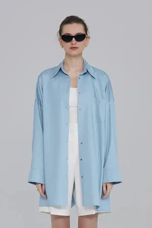 100 Cotton Oversized Button Down Drop Shoulder Shirt with Curved Hemline