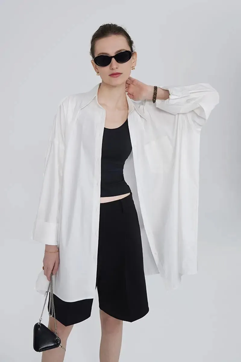 100 Cotton Oversized Button Down Drop Shoulder Shirt with Curved Hemline