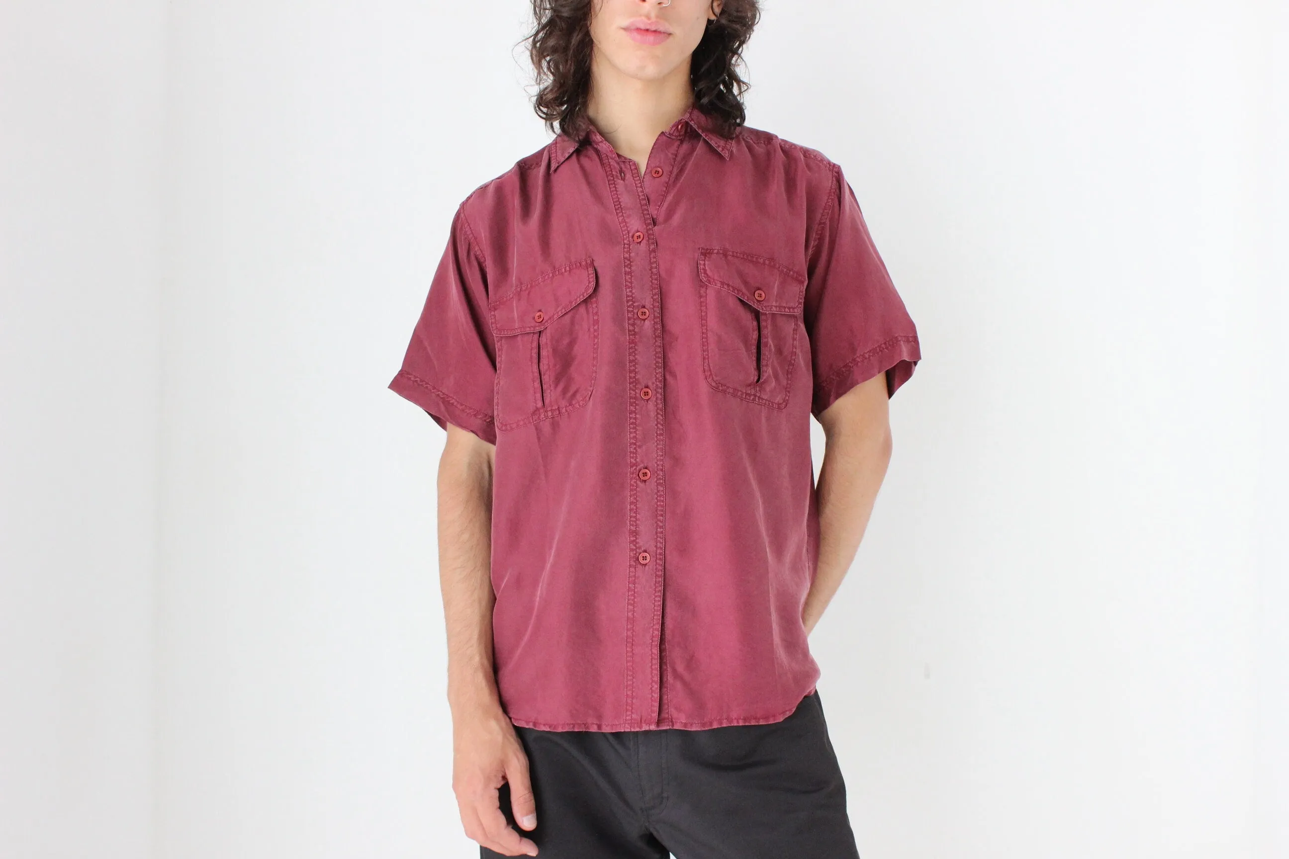 80s MATTE SILK Boxy Double Pocket Shirt in Burgundy