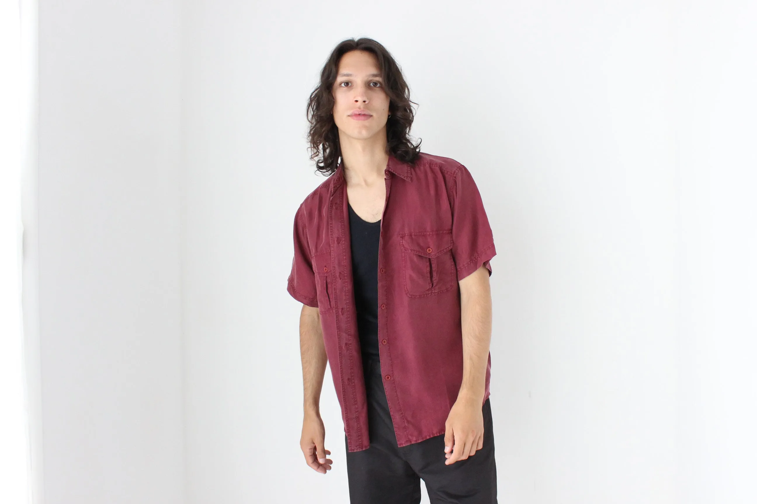 80s MATTE SILK Boxy Double Pocket Shirt in Burgundy