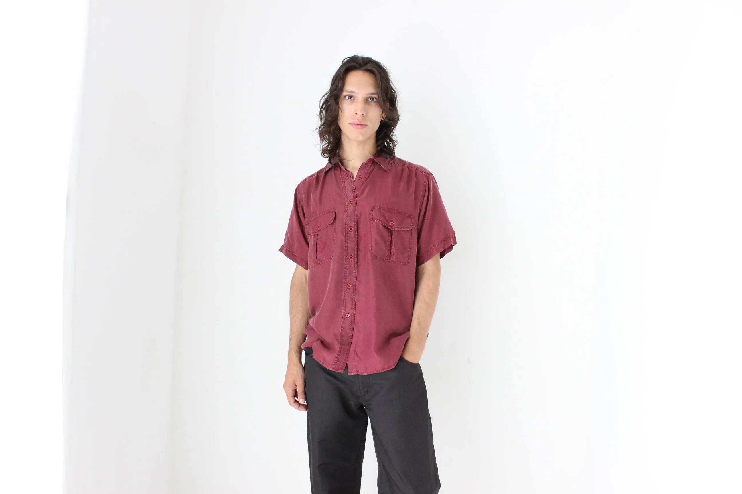 80s MATTE SILK Boxy Double Pocket Shirt in Burgundy