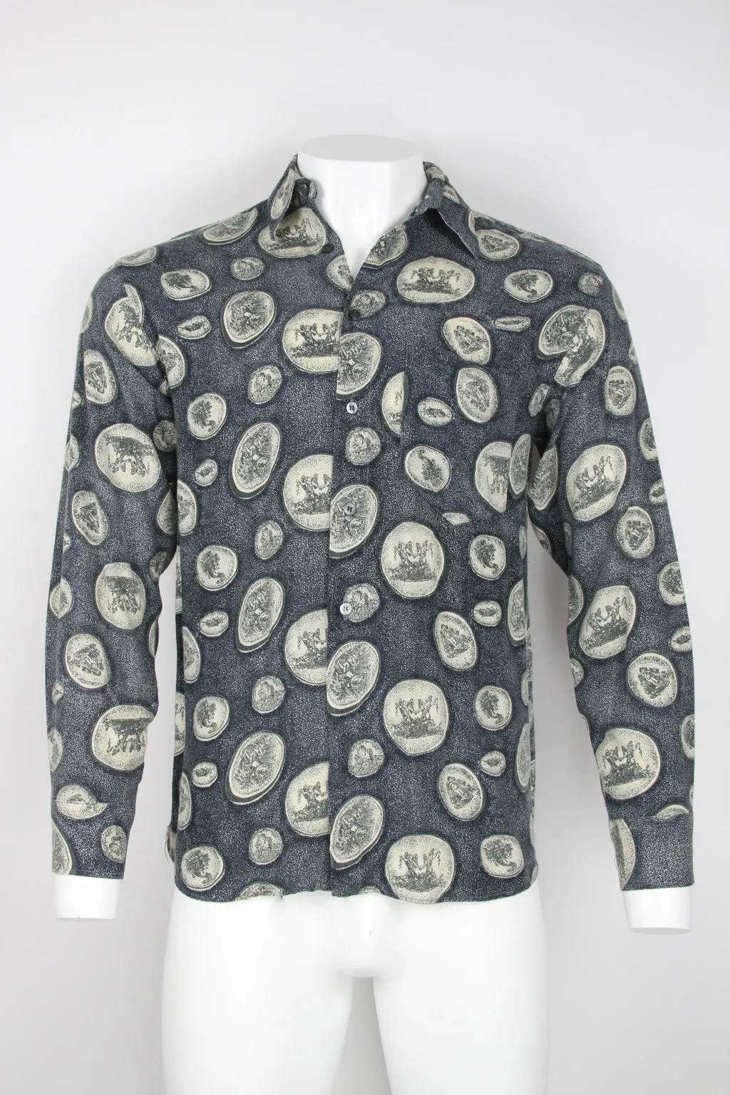 90s Long sleeve viscose shirt - Grey with Cherubs - S/M