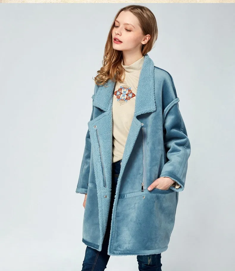 ARTKA BORG LINED FAUX SUEDE COAT IN NAVY