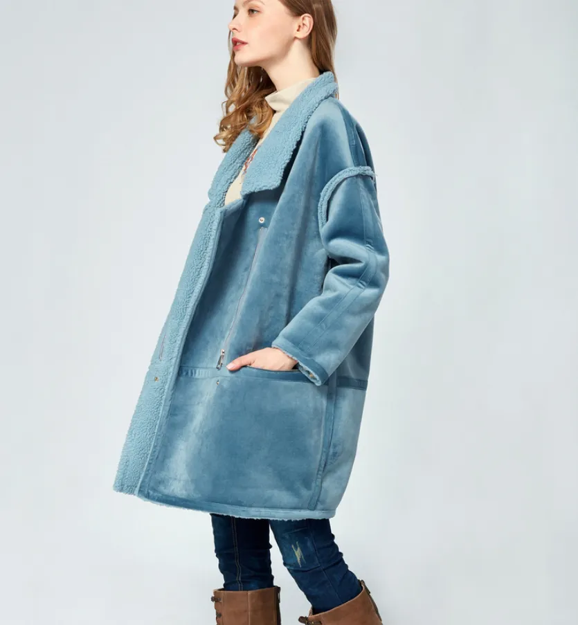ARTKA BORG LINED FAUX SUEDE COAT IN NAVY