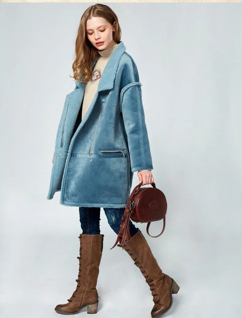ARTKA BORG LINED FAUX SUEDE COAT IN NAVY