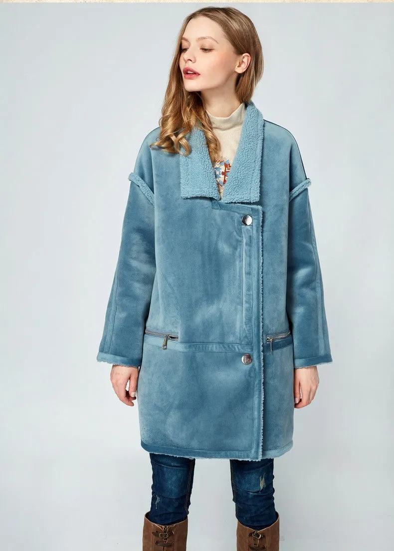 ARTKA BORG LINED FAUX SUEDE COAT IN NAVY