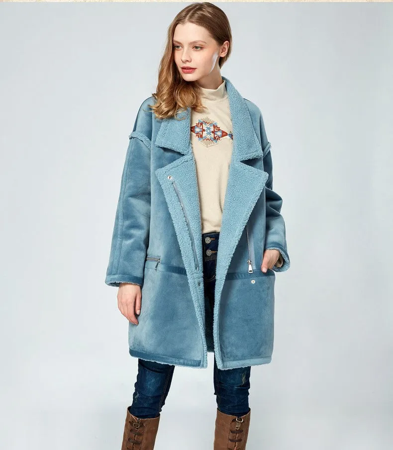 ARTKA BORG LINED FAUX SUEDE COAT IN NAVY