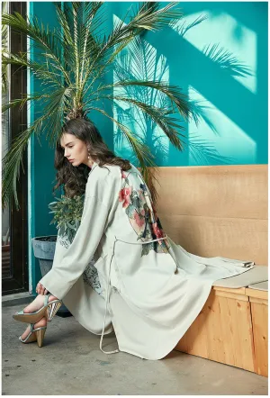 ARTKA RETRO LOOK FLOWER AND BIRD BACK PRINT KIMONO COAT