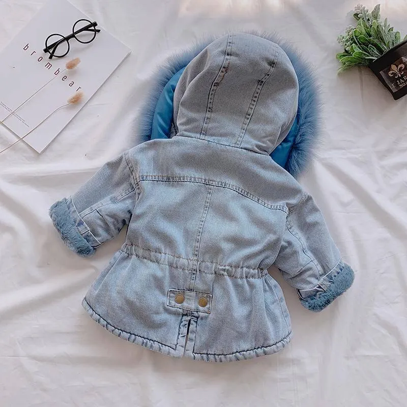 Baby Girls Coats Winter Denim Jackets With Fur Hooded