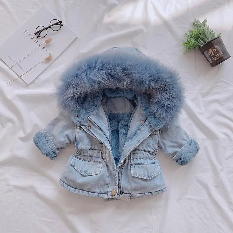 Baby Girls Coats Winter Denim Jackets With Fur Hooded