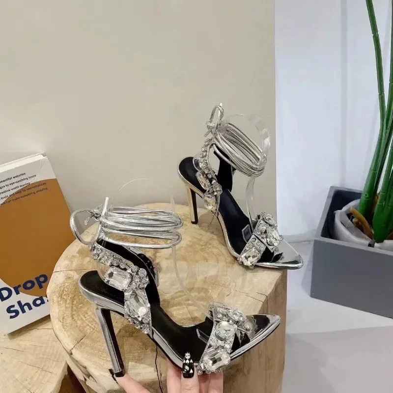 binfenxie  -  Summer New Water Diamond Sandals Pointed Thin High Heels Crossed Black Dress Women Boots Large Size High Heeled Sandals