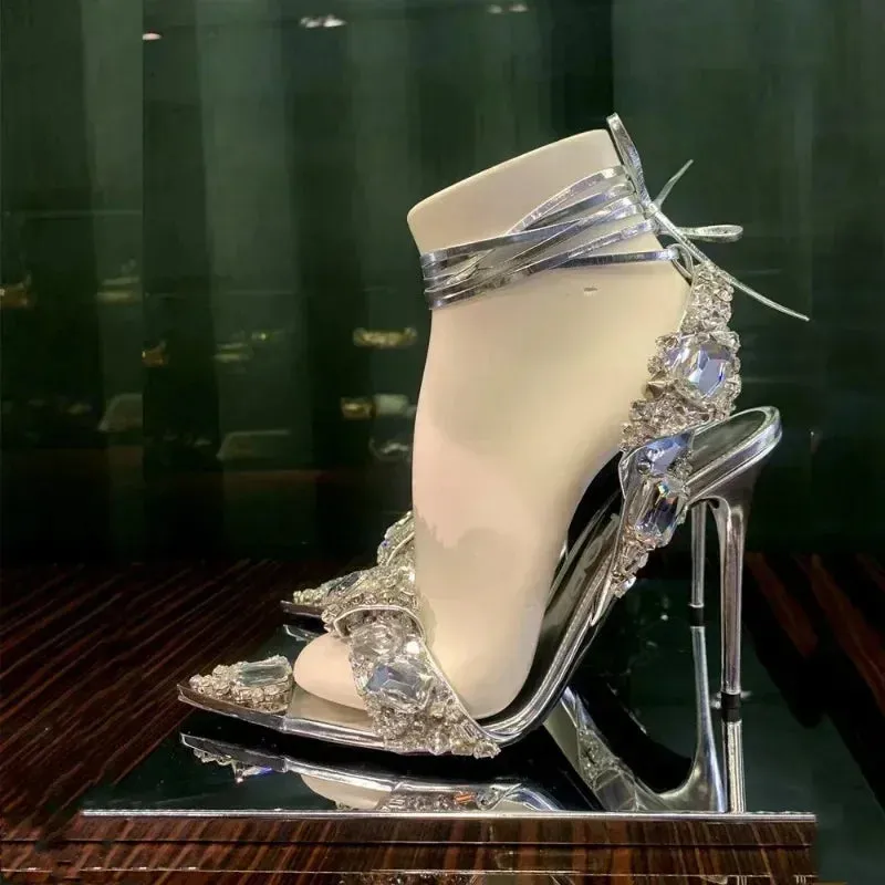 binfenxie  -  Summer New Water Diamond Sandals Pointed Thin High Heels Crossed Black Dress Women Boots Large Size High Heeled Sandals
