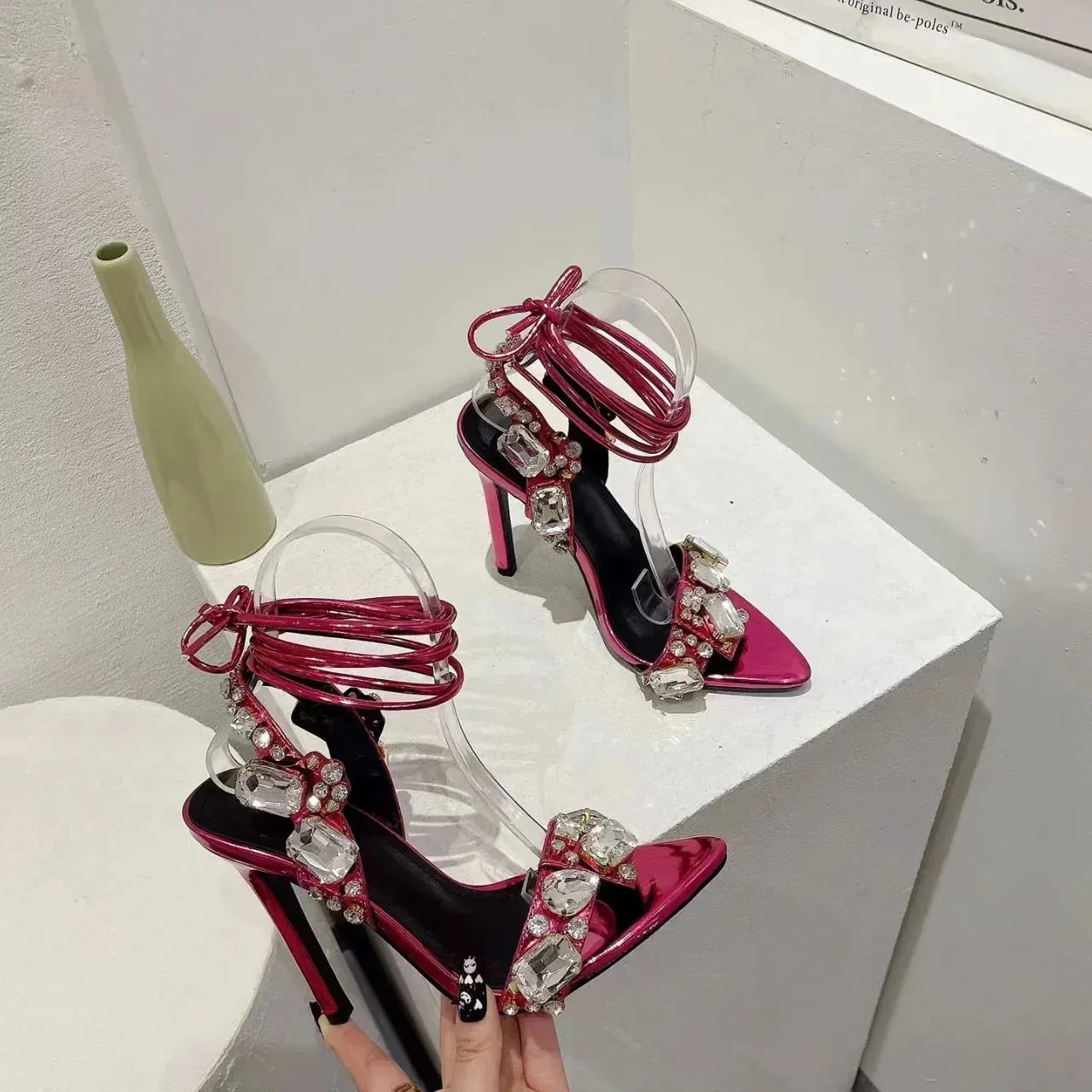 binfenxie  -  Summer New Water Diamond Sandals Pointed Thin High Heels Crossed Black Dress Women Boots Large Size High Heeled Sandals