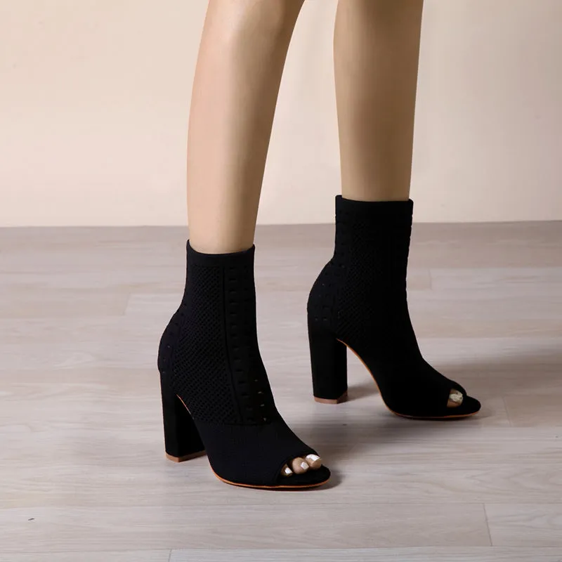 binfenxie- Women Peep Toe Block Sock Boots