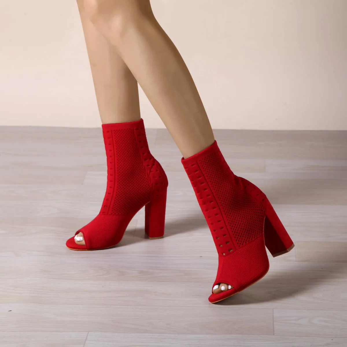 binfenxie- Women Peep Toe Block Sock Boots
