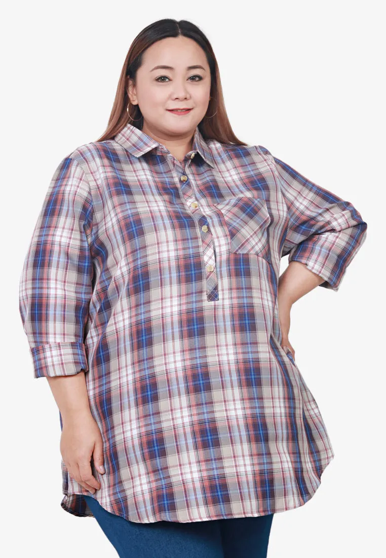 Cheara Checkered Half Button Shirt - Red