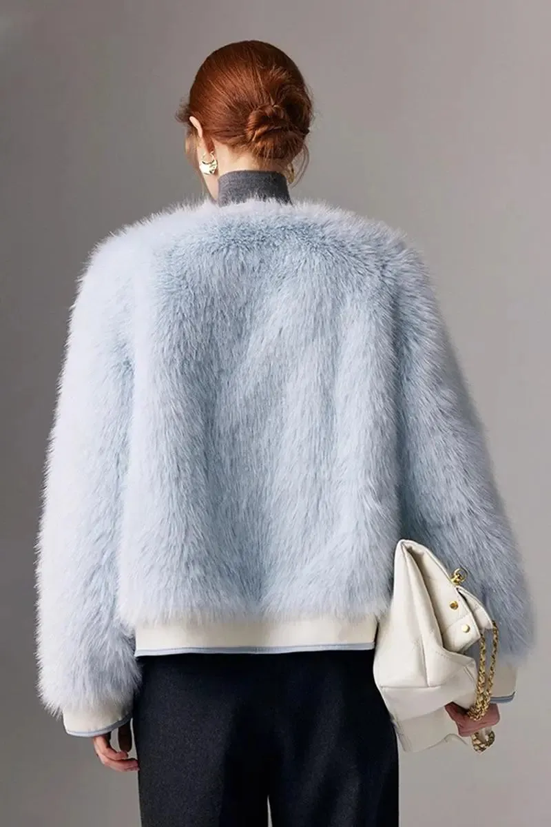 Chic Collarless Faux Fox Fur Jacket