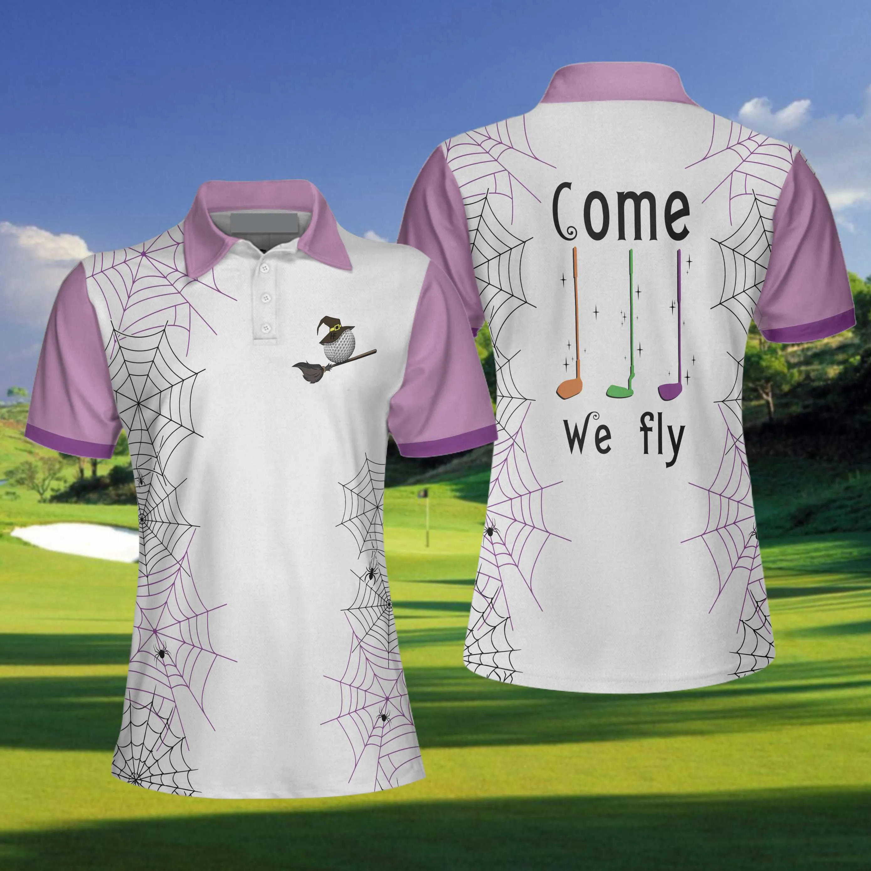 Come We Fly Golf Short Sleeve Women Polo Shirt, Witch Halloween Golf Shirt For Ladies Coolspod