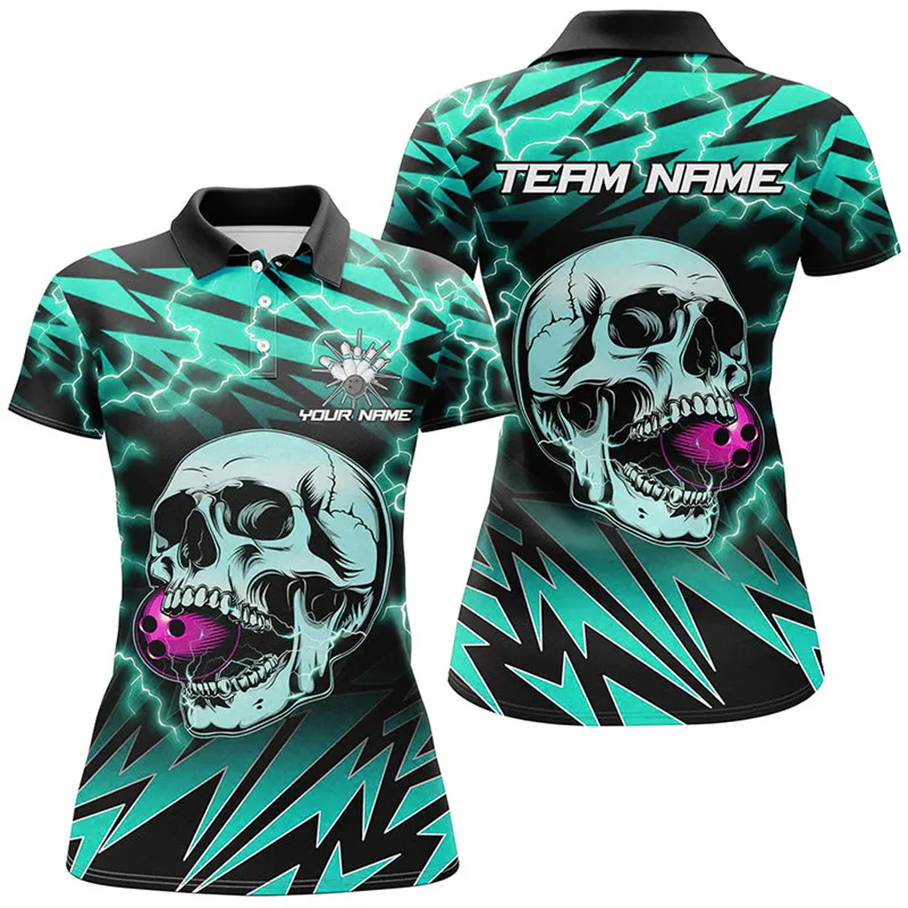 Coolspod Bowling And Pins Lightning Thunder Skull Bowling Customized Name 3D Polo Shirt For Women