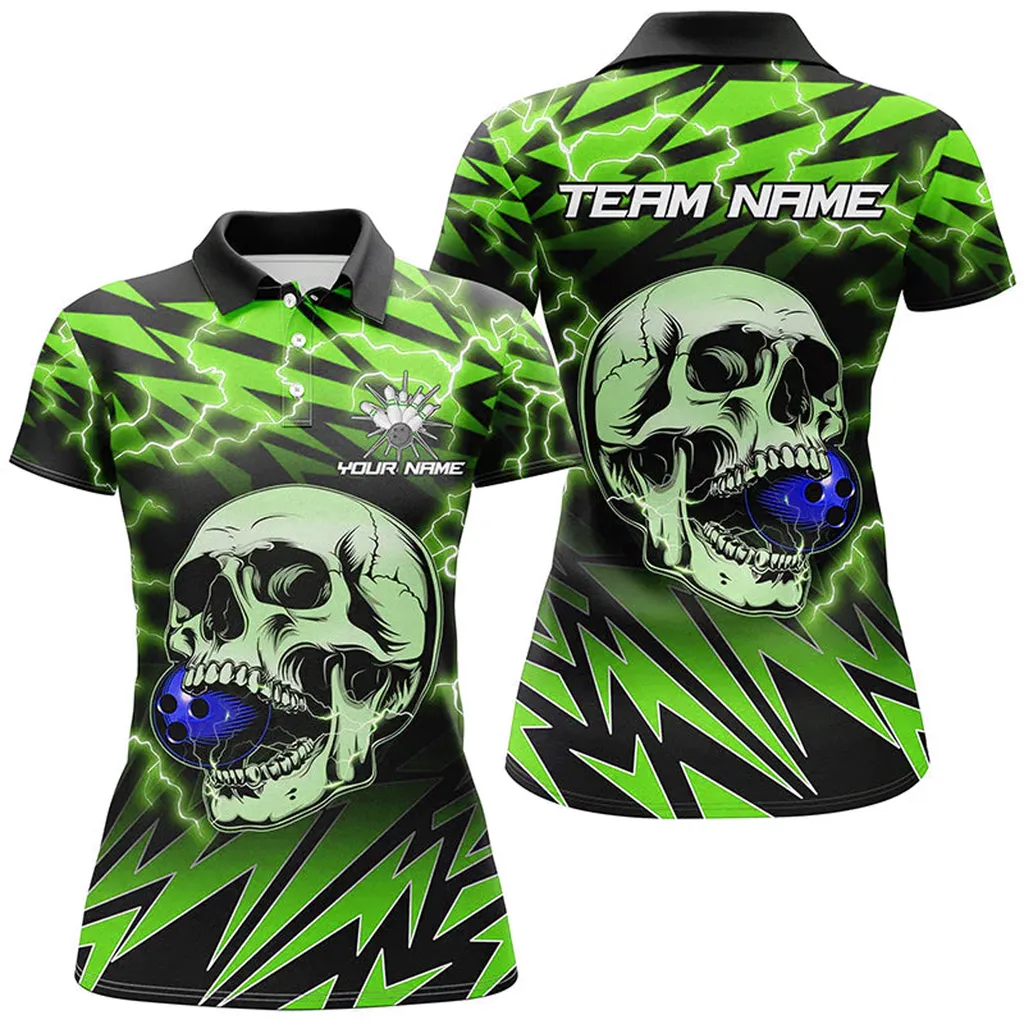 Coolspod Bowling And Pins Lightning Thunder Skull Bowling Customized Name 3D Polo Shirt For Women