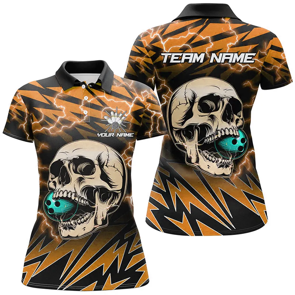 Coolspod Bowling And Pins Lightning Thunder Skull Bowling Customized Name 3D Polo Shirt For Women