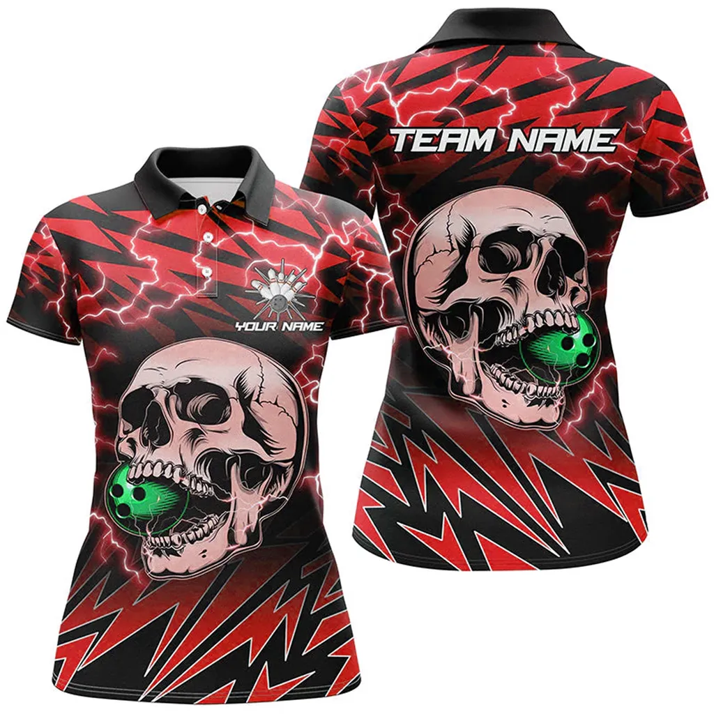 Coolspod Bowling And Pins Lightning Thunder Skull Bowling Customized Name 3D Polo Shirt For Women