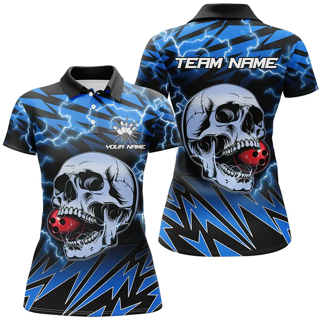 Coolspod Bowling And Pins Lightning Thunder Skull Bowling Customized Name 3D Polo Shirt For Women
