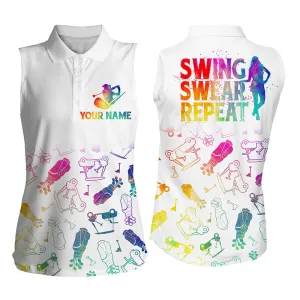 Coolspod Women Sleeveless Polo Shirt Custom Watercolor Golf Icons Swing Swear Repeat, Gifts for Golf Lovers