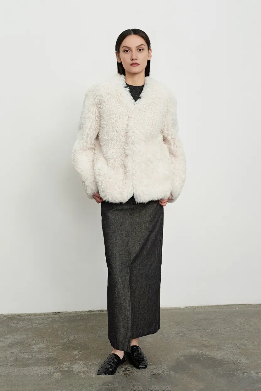 Cropped V Neck Persian Sheepskin Jacket