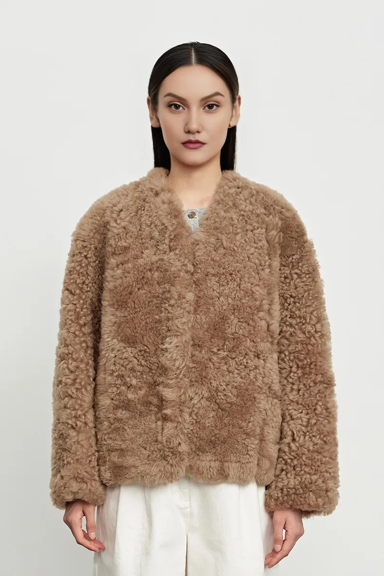 Cropped V Neck Persian Sheepskin Jacket