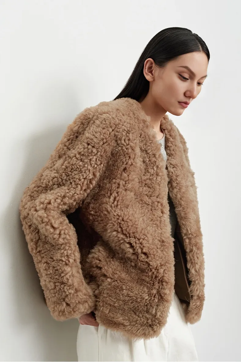 Cropped V Neck Persian Sheepskin Jacket