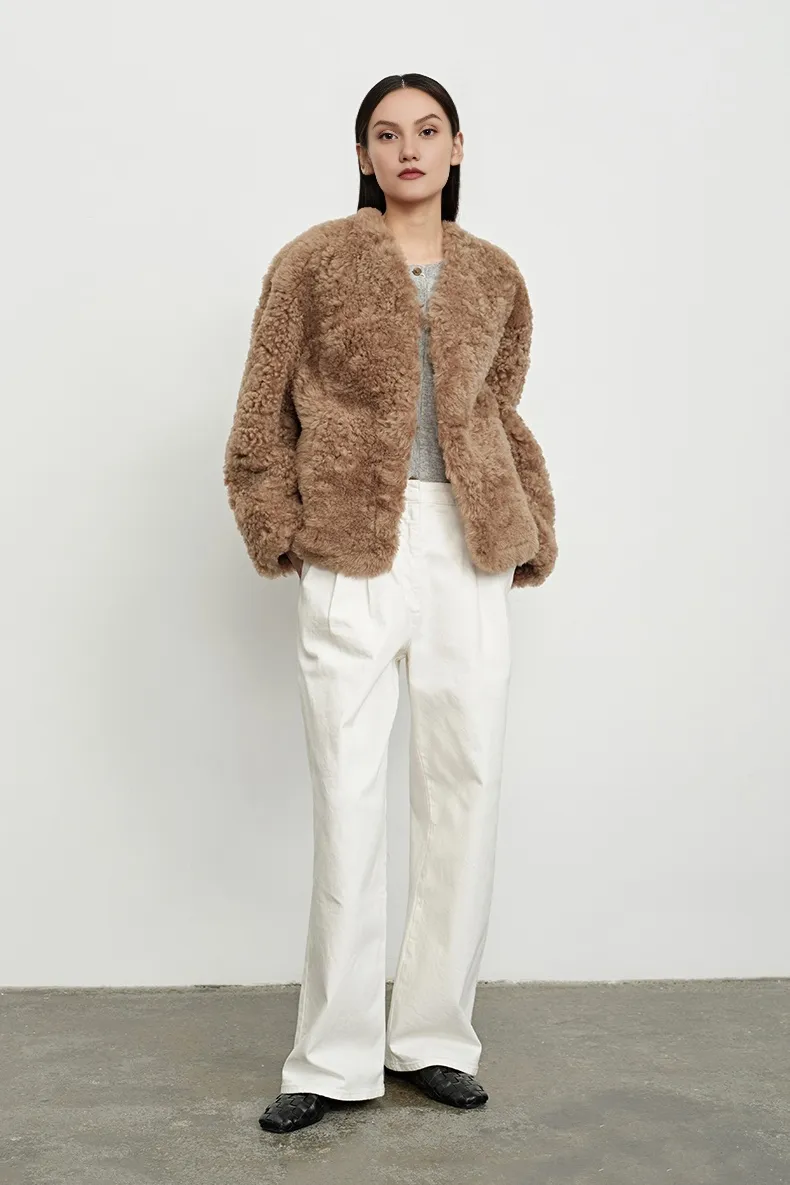 Cropped V Neck Persian Sheepskin Jacket