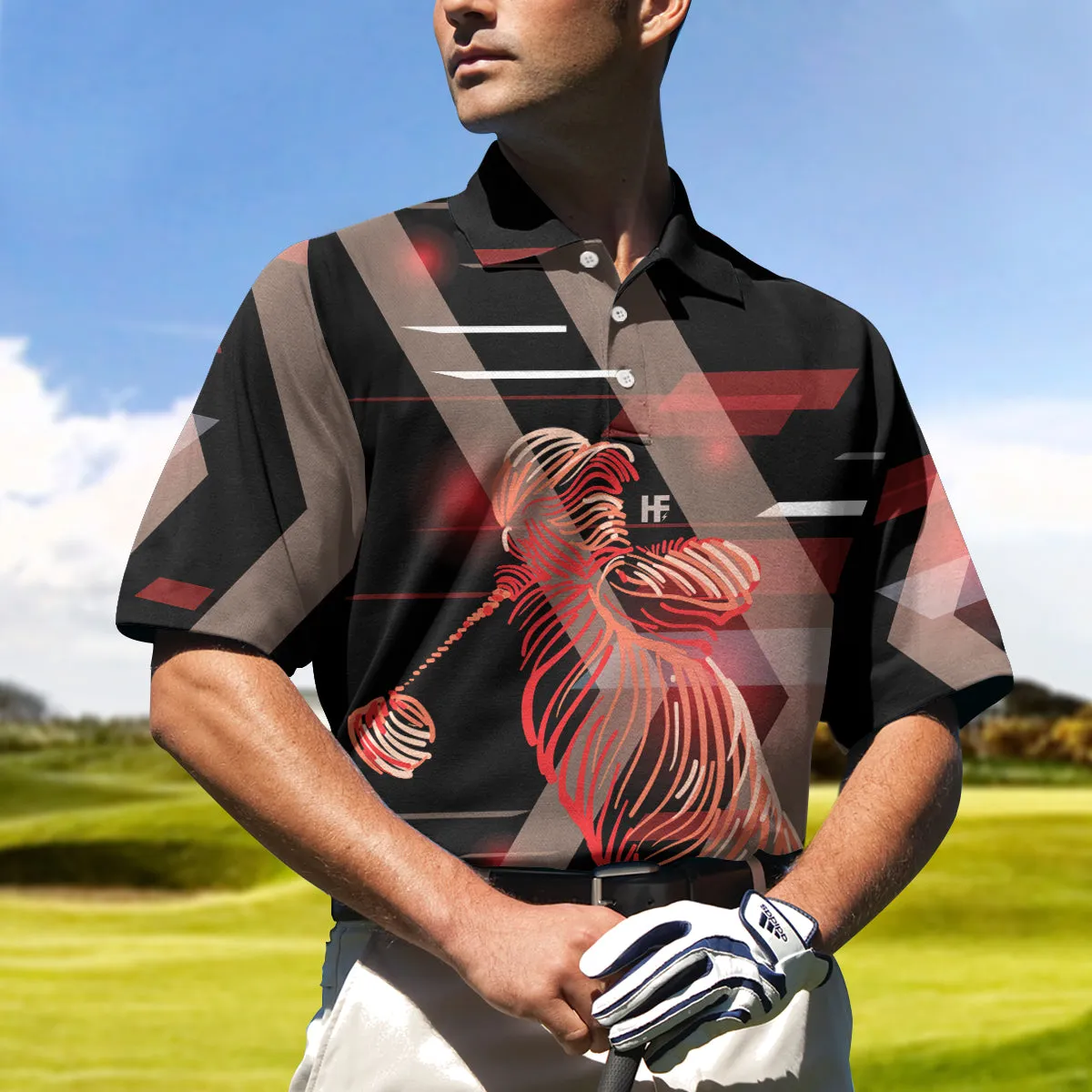 Digital Golf Style Polo Shirt, Short Sleeve Black And Red Golfer Golf Shirt For Men Coolspod