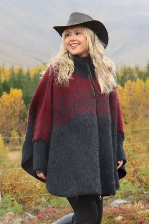 Funnel Neck Woolen Poncho Jacket Dark Red  - Ísar