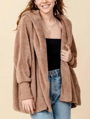 Hooded Long Sleeve 2 Pocket Teddy Coat