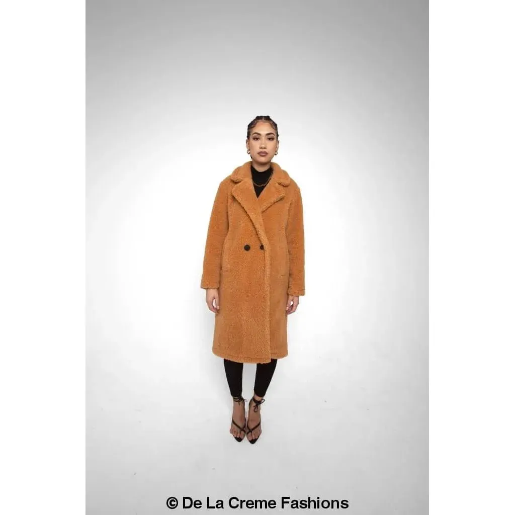 Jackie Double Breasted Borg Teddy Midi Coat