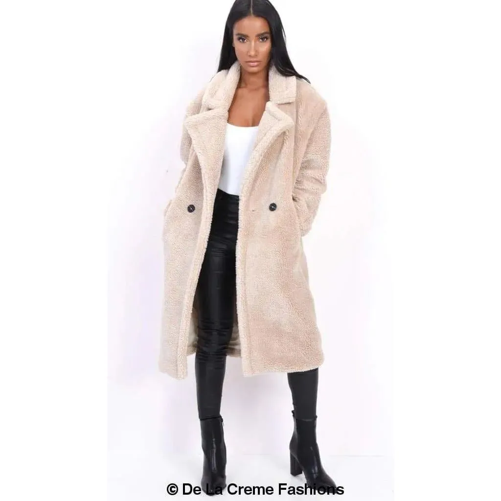 Jackie Double Breasted Borg Teddy Midi Coat