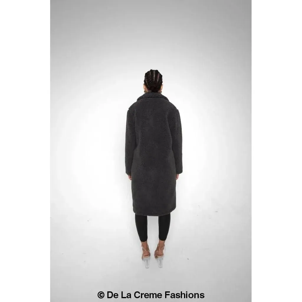 Jackie Double Breasted Borg Teddy Midi Coat