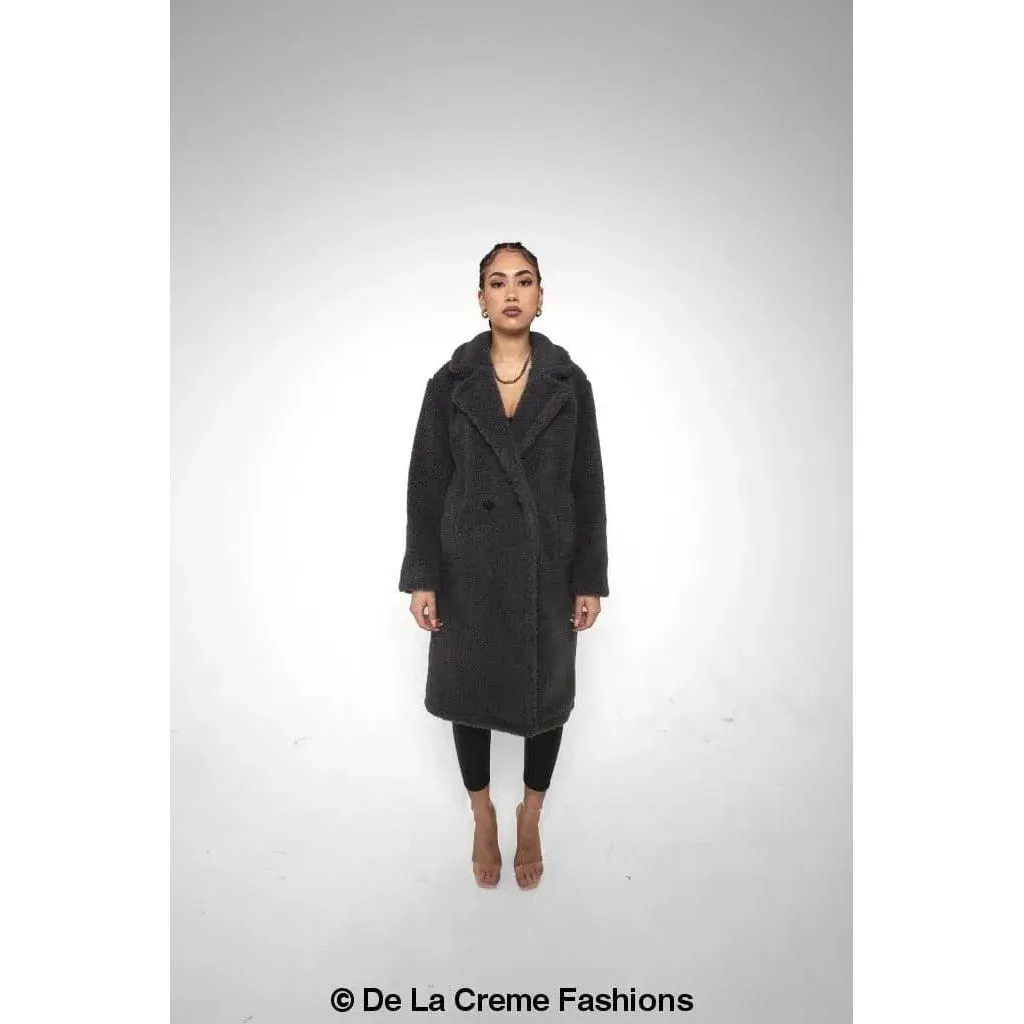 Jackie Double Breasted Borg Teddy Midi Coat