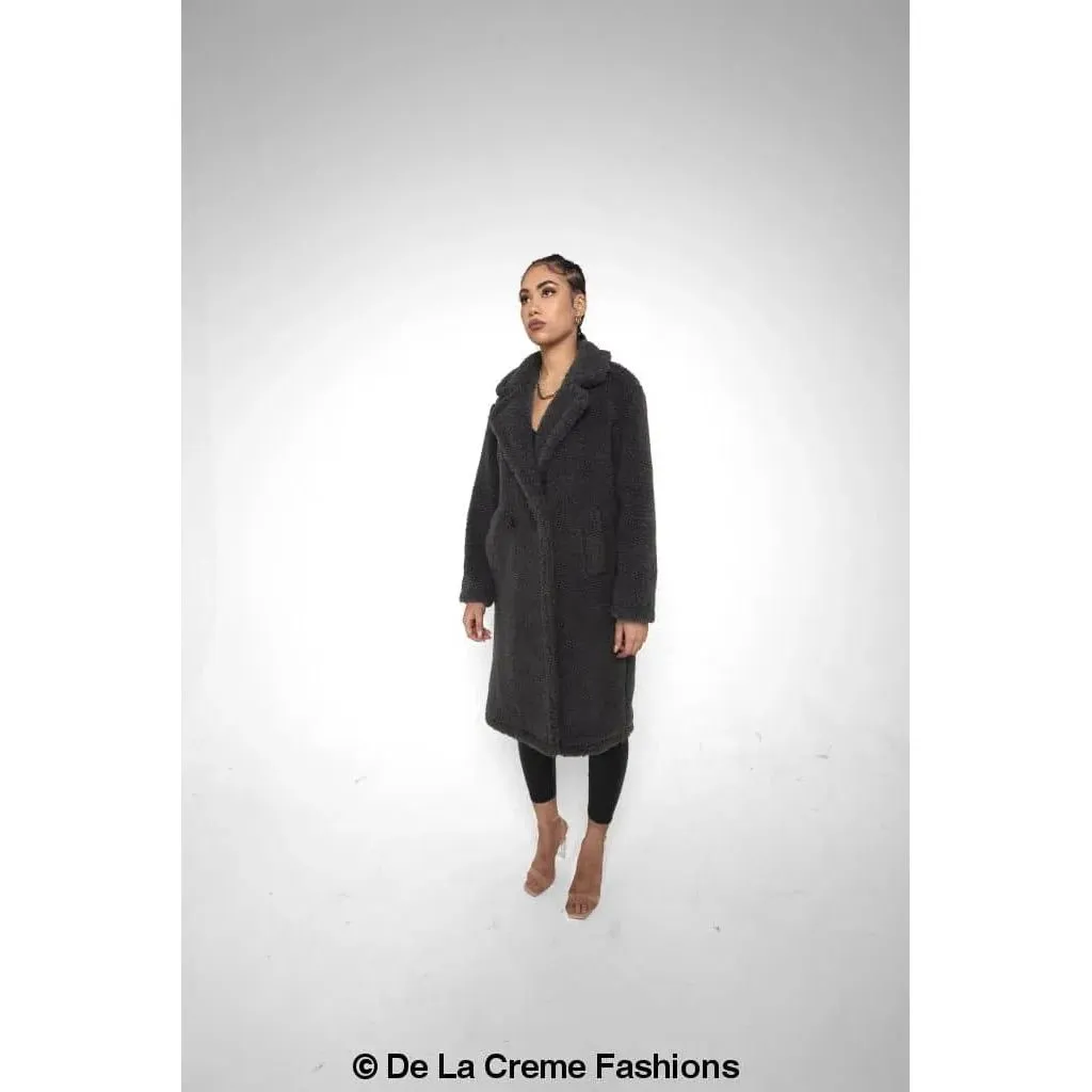 Jackie Double Breasted Borg Teddy Midi Coat