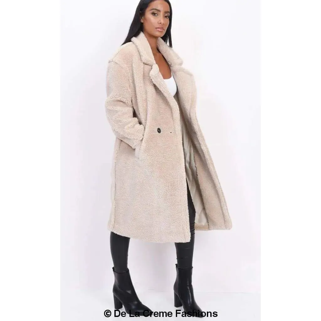 Jackie Double Breasted Borg Teddy Midi Coat