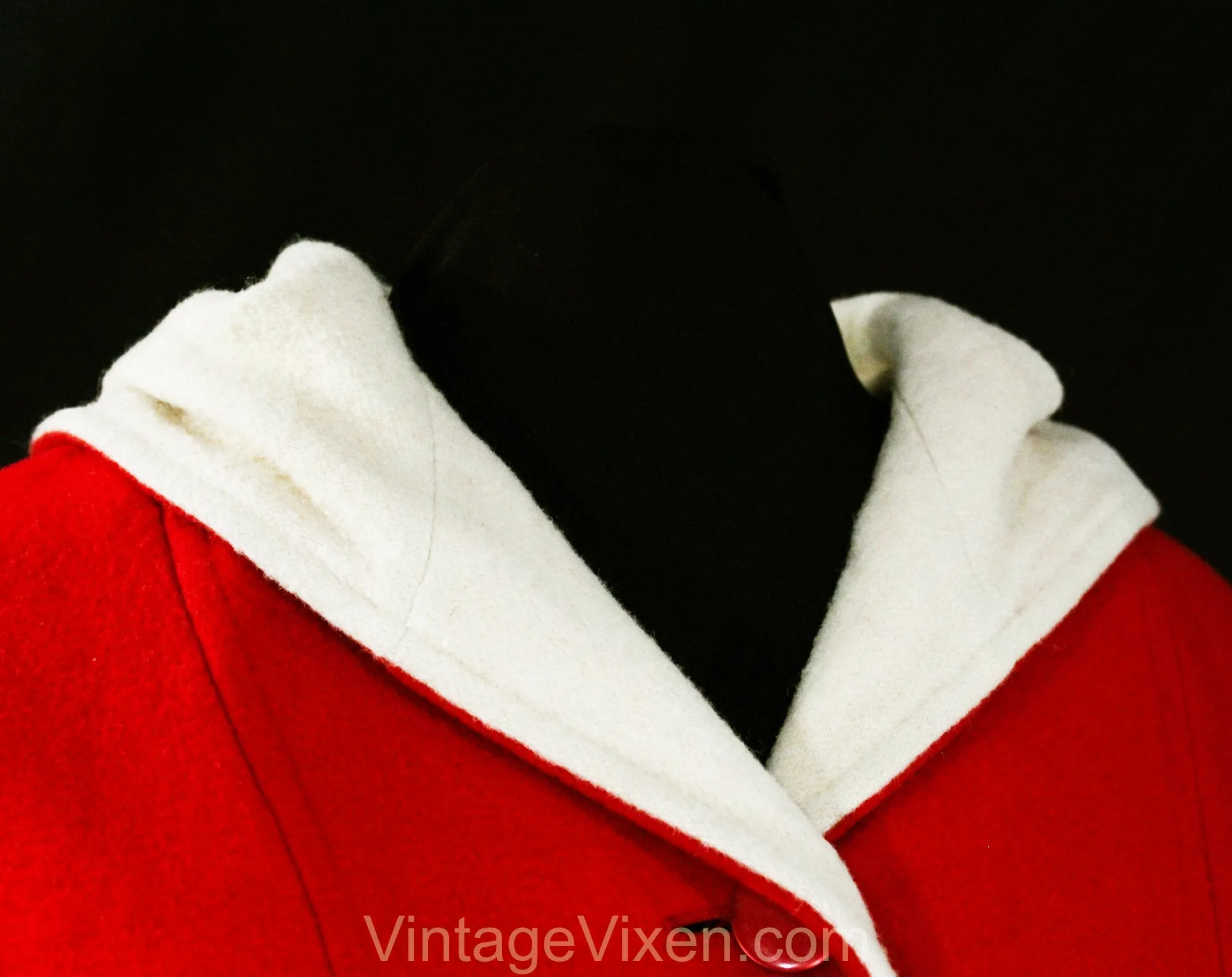 Large 1960s Red Coat with Hood - Size 12 to 14 Winter Wool Hooded Overcoat - Red Buttons & Waist Pockets - Contrast Cream Lining - Bust 40.5