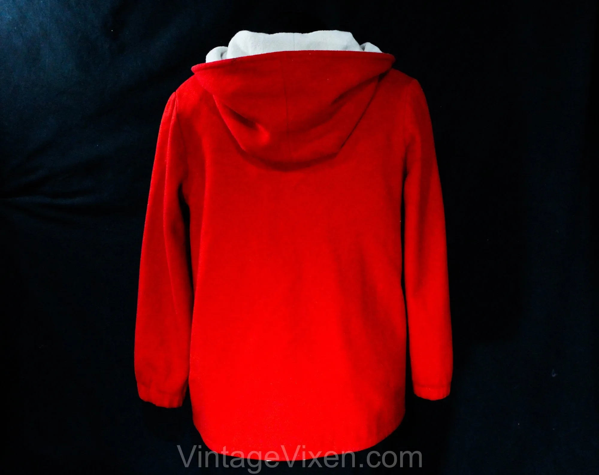 Large 1960s Red Coat with Hood - Size 12 to 14 Winter Wool Hooded Overcoat - Red Buttons & Waist Pockets - Contrast Cream Lining - Bust 40.5