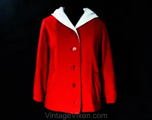 Large 1960s Red Coat with Hood - Size 12 to 14 Winter Wool Hooded Overcoat - Red Buttons & Waist Pockets - Contrast Cream Lining - Bust 40.5