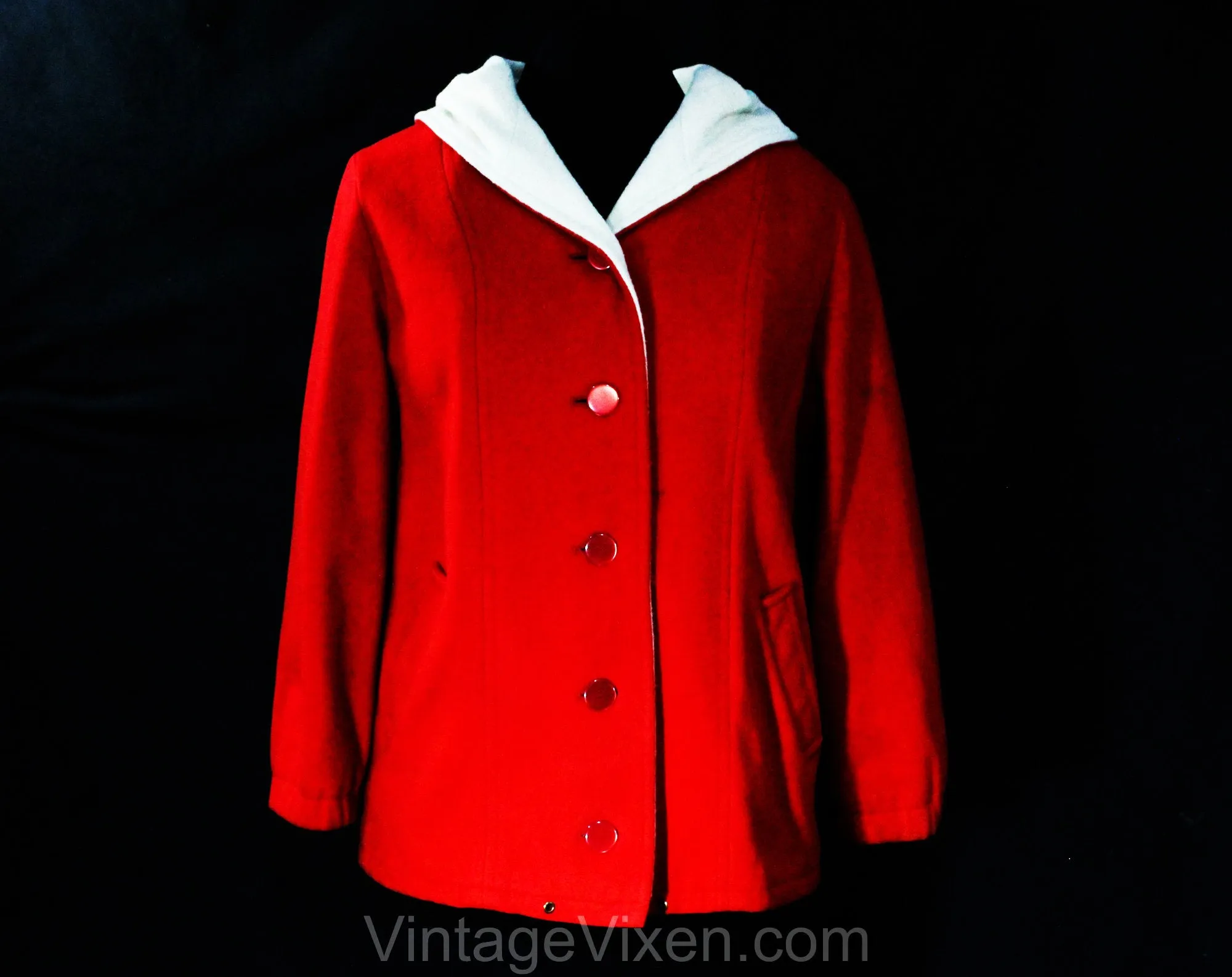Large 1960s Red Coat with Hood - Size 12 to 14 Winter Wool Hooded Overcoat - Red Buttons & Waist Pockets - Contrast Cream Lining - Bust 40.5
