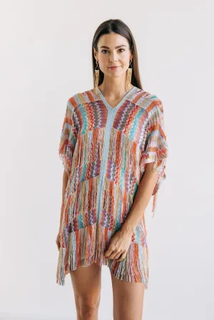 Layered Fringe Rainbow Chevron Poncho - One Size